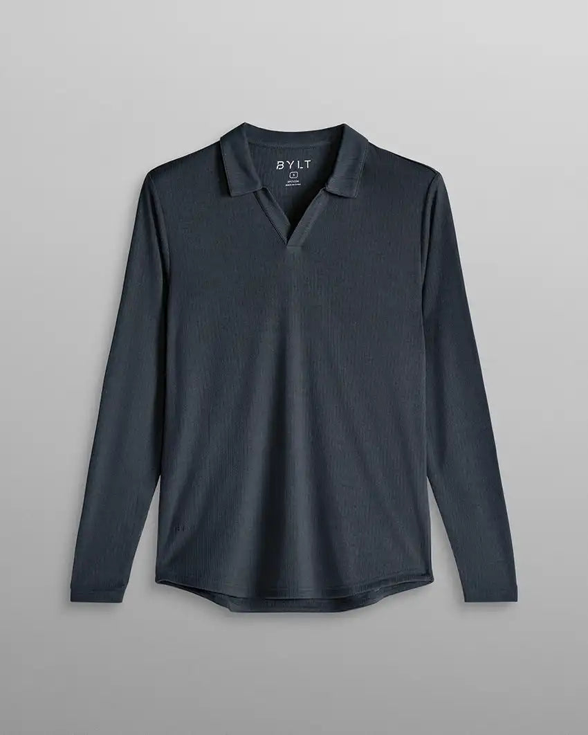 Ribbed Long Sleeve Open V Polo