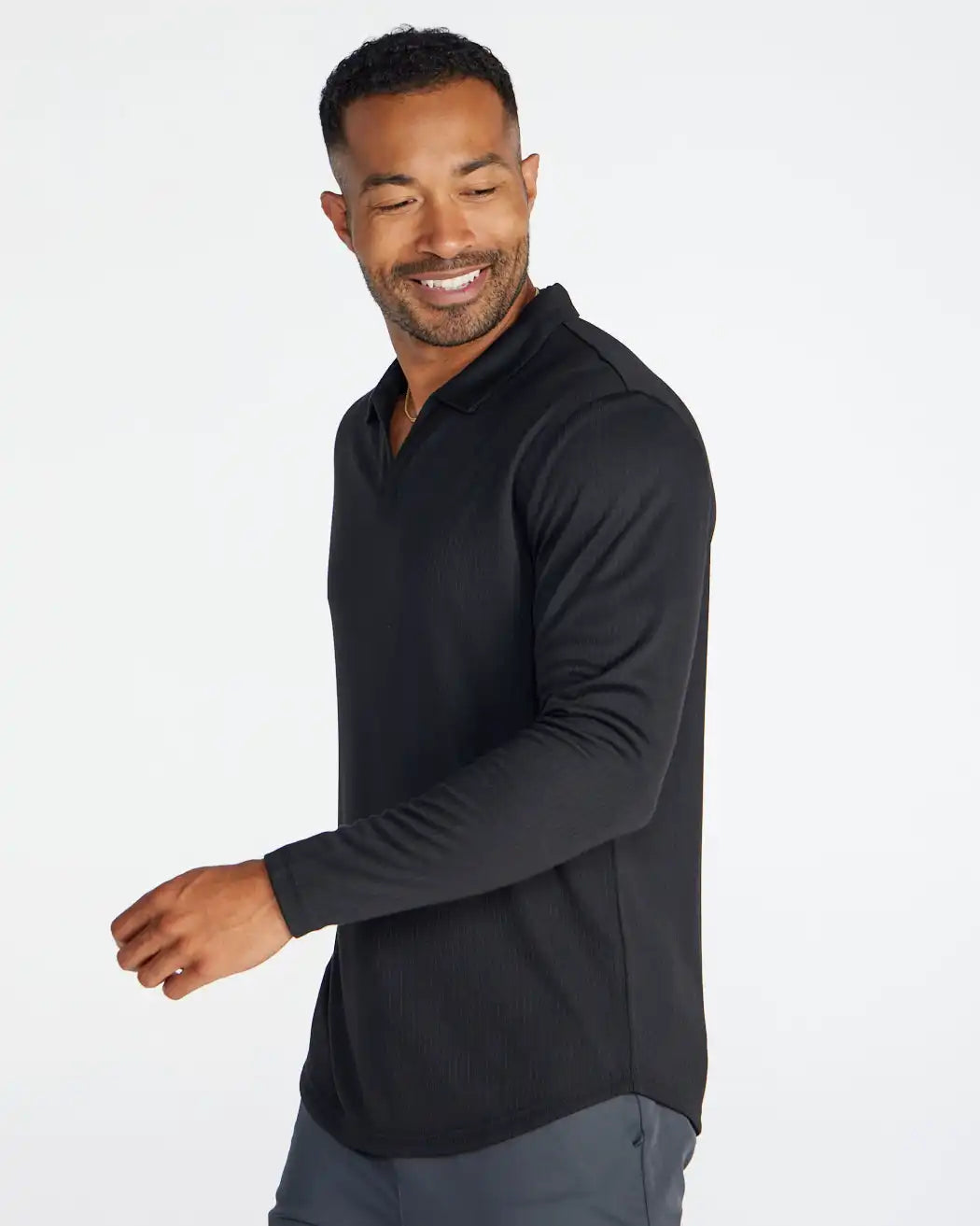 Ribbed Long Sleeve Open V Polo