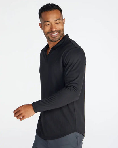 Ribbed Long Sleeve Open V Polo