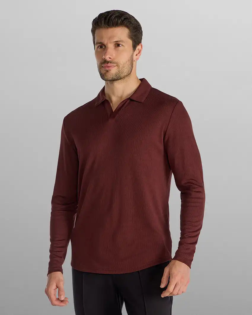 Ribbed Long Sleeve Open V Polo