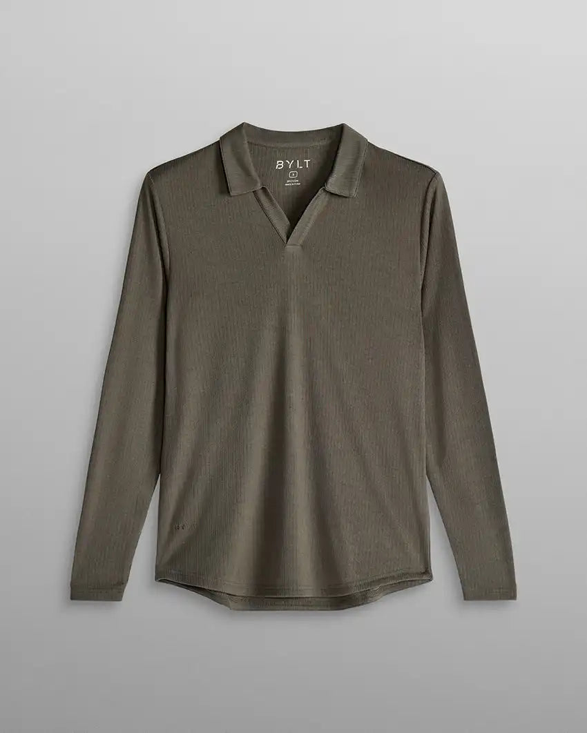 Ribbed Long Sleeve Open V Polo