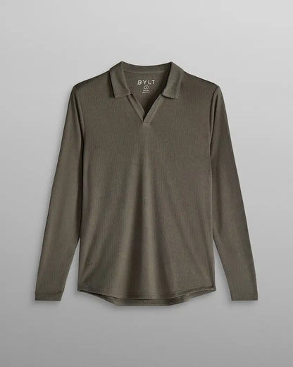 Ribbed Long Sleeve Open V Polo