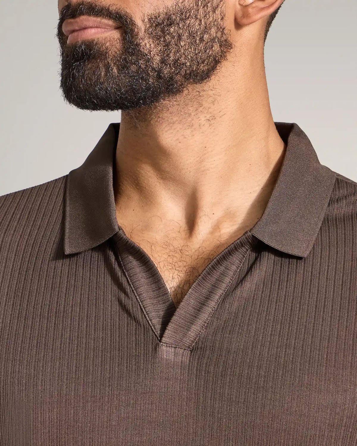 Ribbed Long Sleeve Open V Polo