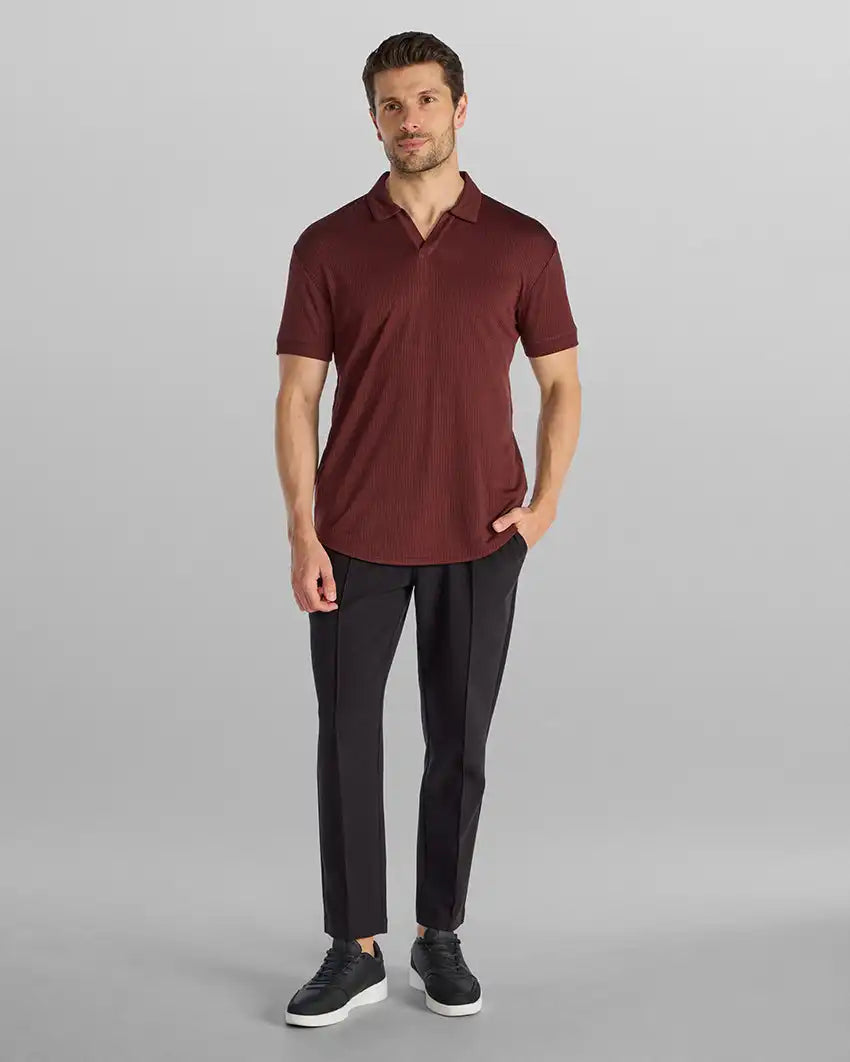 Ribbed Short Sleeve Open V Polo