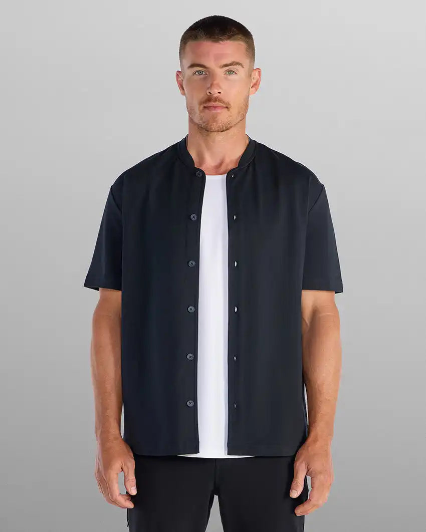LUX Stand Collar Short Sleeve Button Down