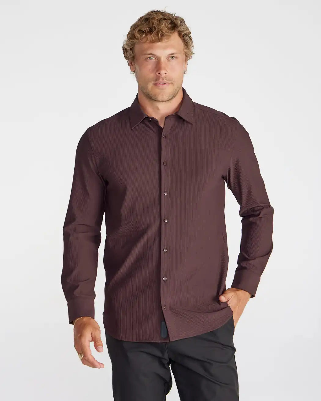 Ribbed+ Long Sleeve Button Down