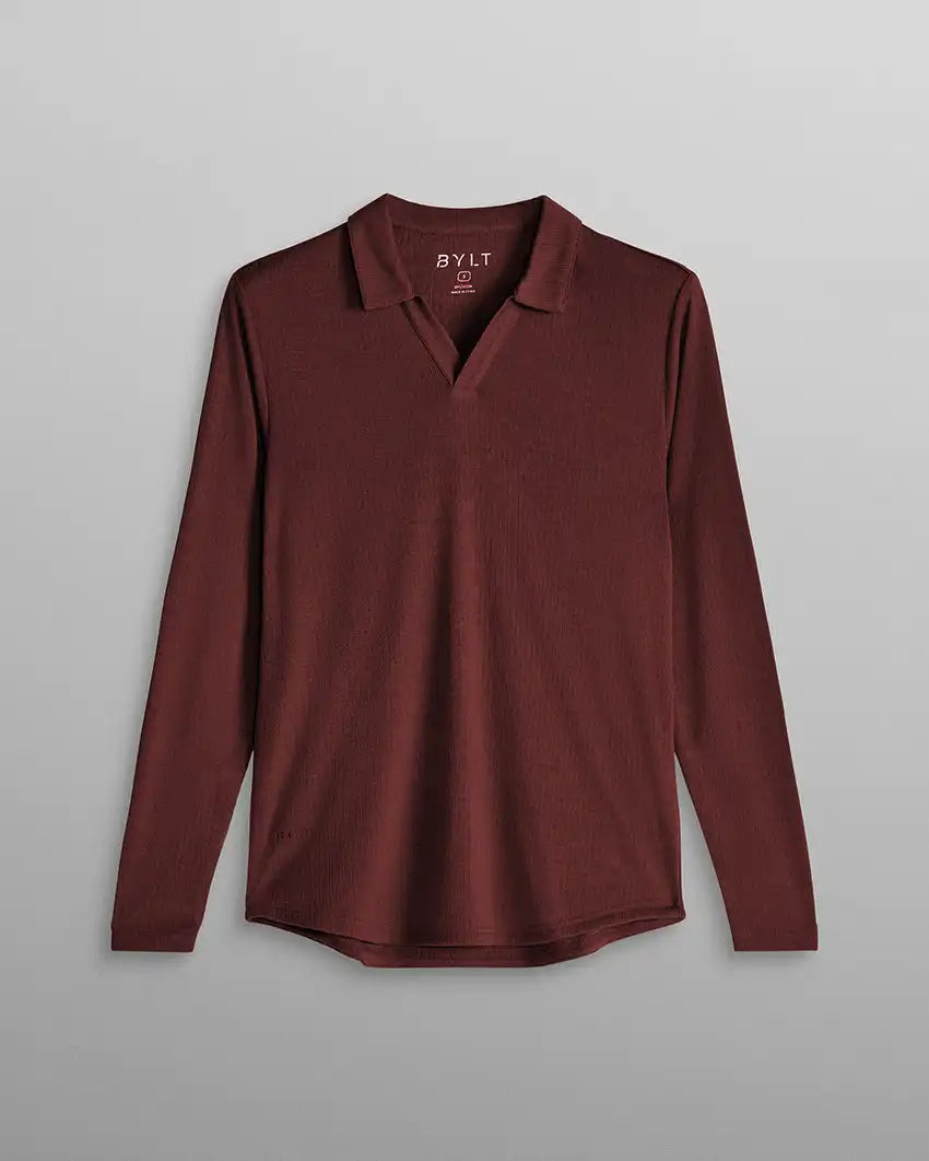 Ribbed Long Sleeve Open V Polo