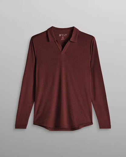 Ribbed Long Sleeve Open V Polo