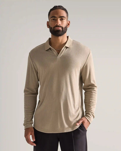 Ribbed Long Sleeve Open V Polo