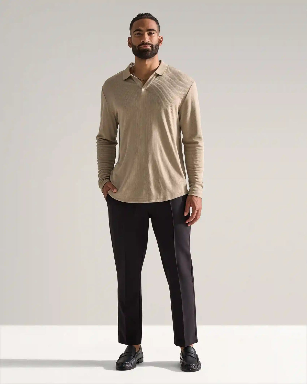 Ribbed Long Sleeve Open V Polo