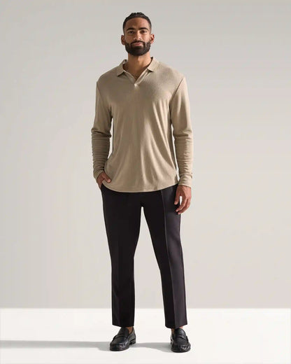 Ribbed Long Sleeve Open V Polo