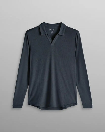Ribbed Long Sleeve Open V Polo