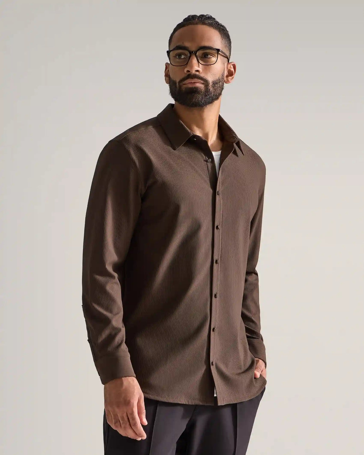 Ribbed+ Long Sleeve Button Down