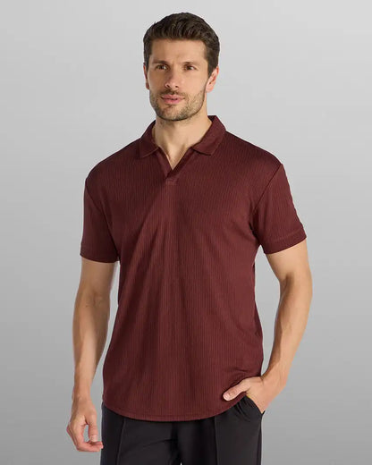 Ribbed Short Sleeve Open V Polo