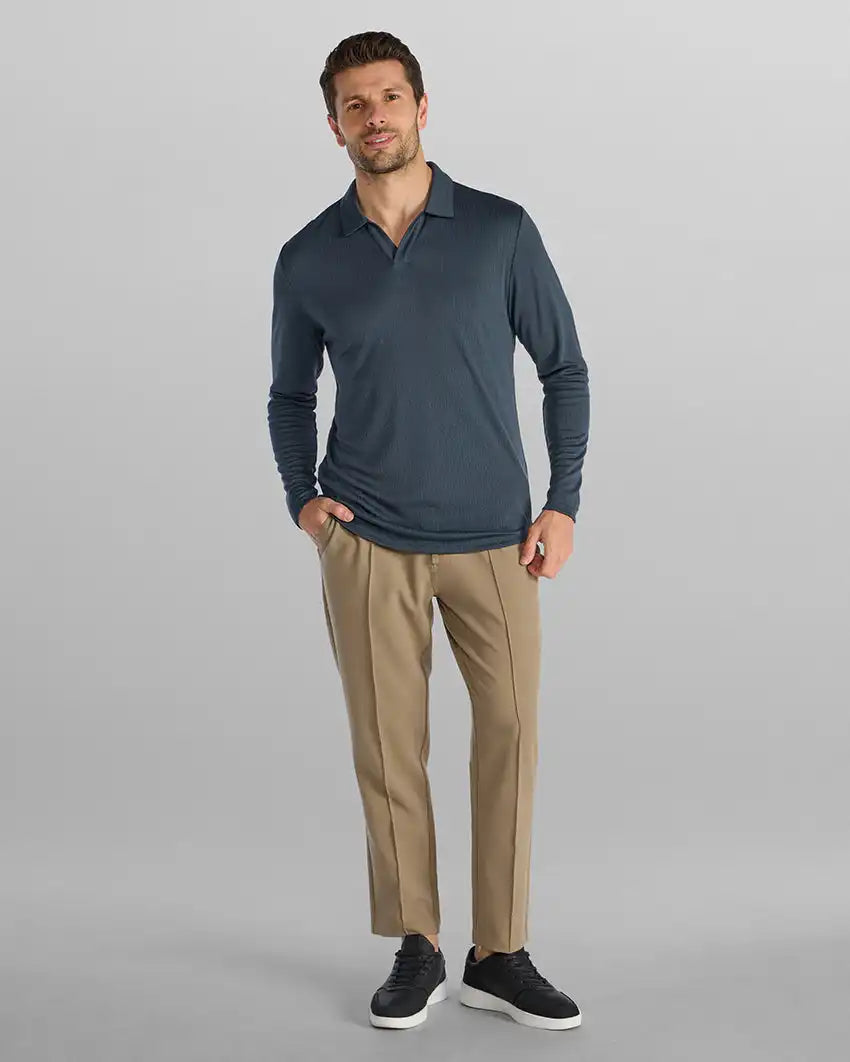 Ribbed Long Sleeve Open V Polo