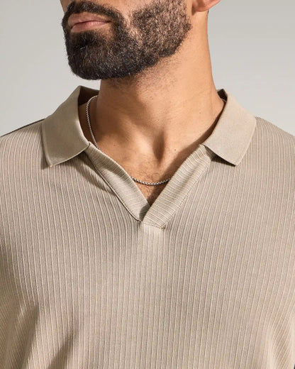 Ribbed Long Sleeve Open V Polo