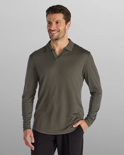 Ribbed Long Sleeve Open V Polo
