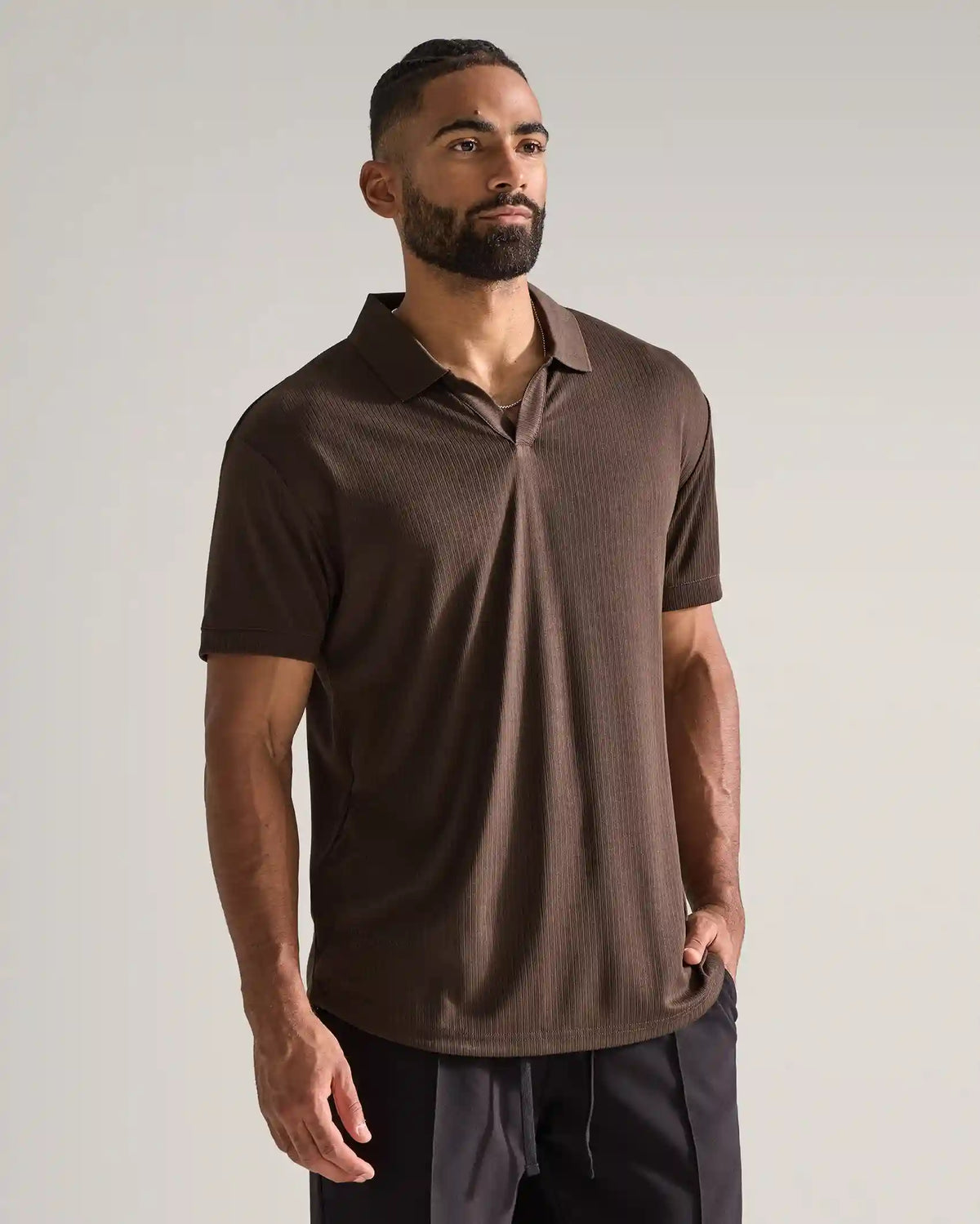 Ribbed Short Sleeve Open V Polo