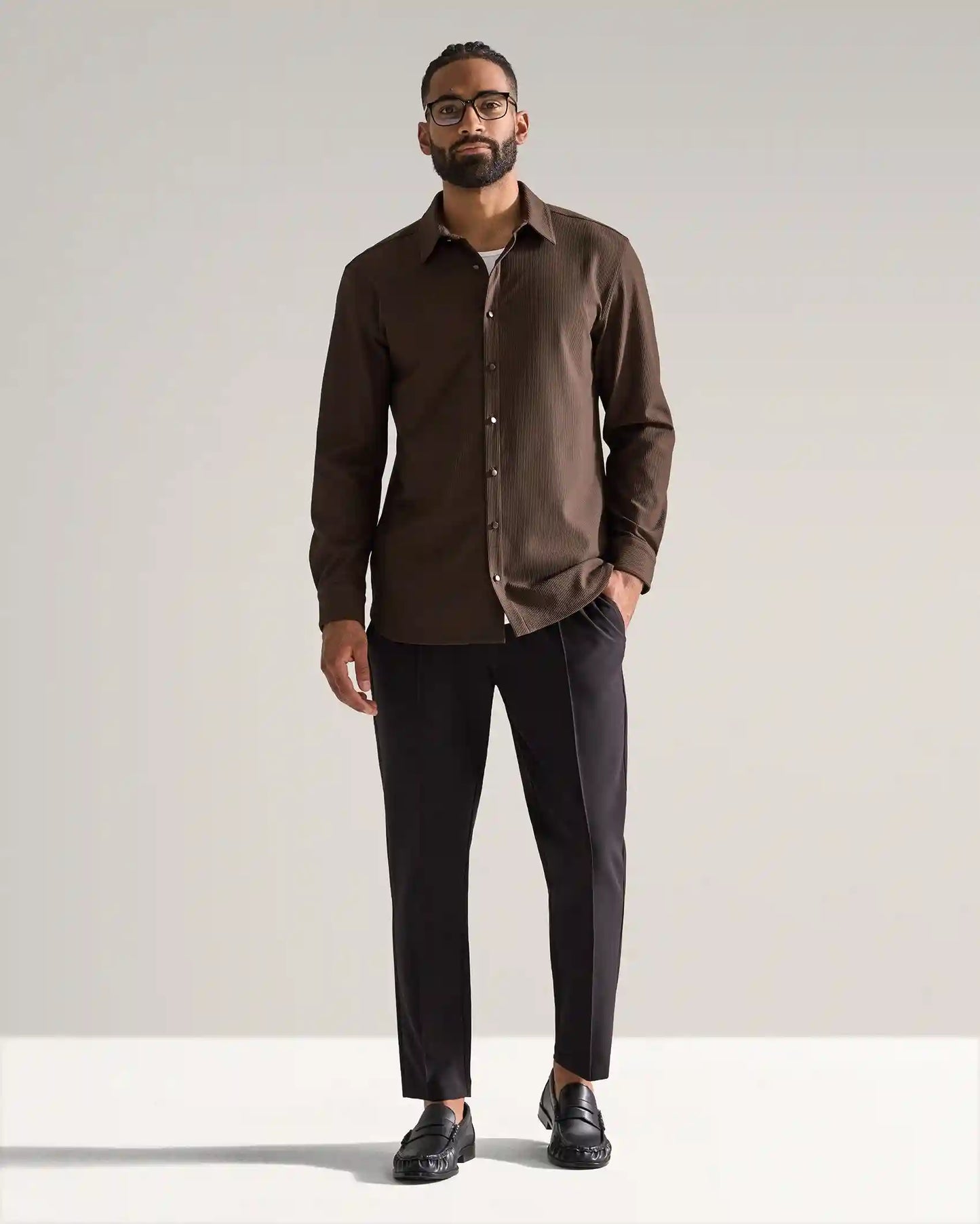 Ribbed+ Long Sleeve Button Down