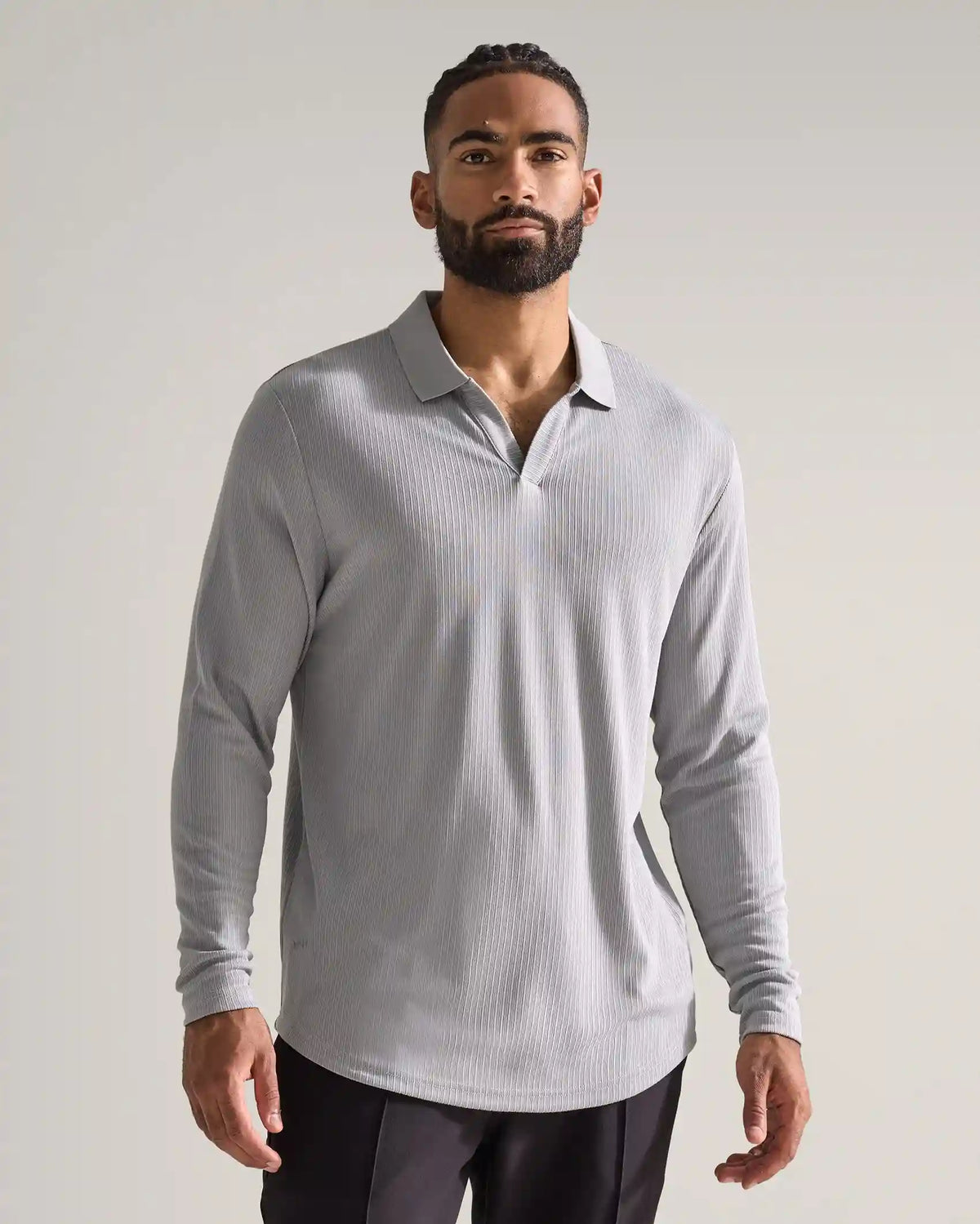 Ribbed Long Sleeve Open V Polo