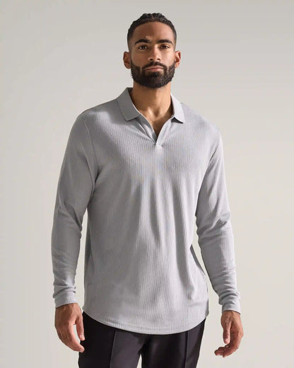 Ribbed Long Sleeve Open V Polo