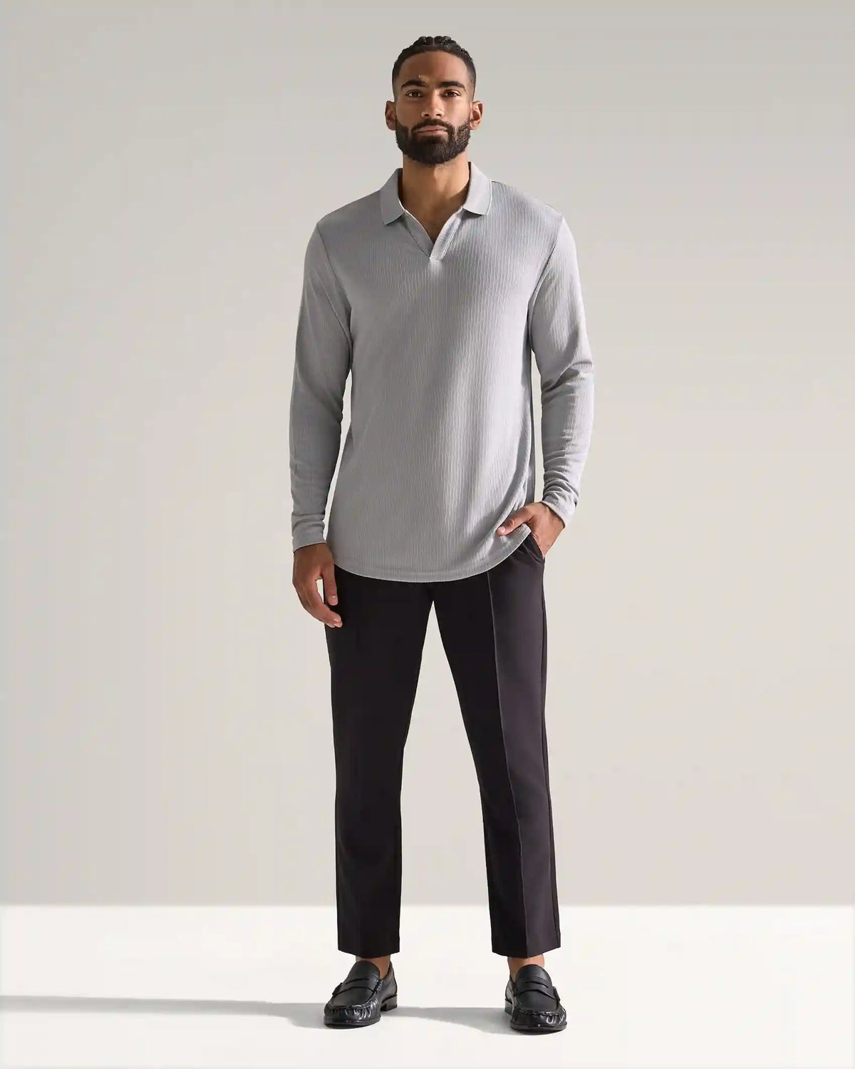 Ribbed Long Sleeve Open V Polo