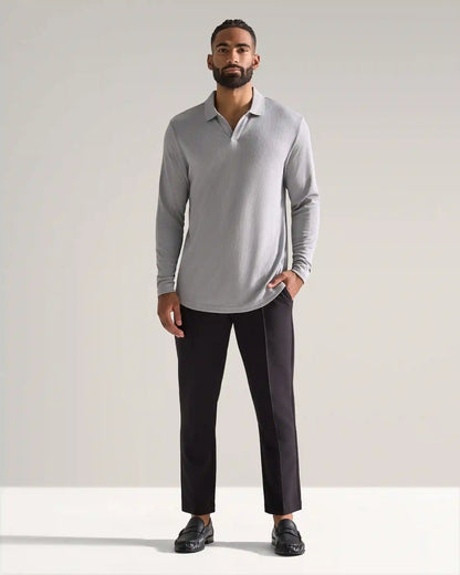 Ribbed Long Sleeve Open V Polo