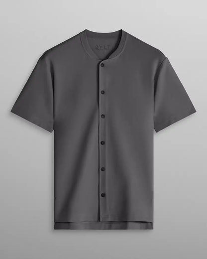 LUX Stand Collar Short Sleeve Button Down