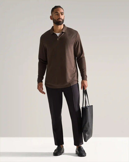 Ribbed Long Sleeve Open V Polo