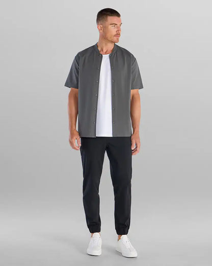 LUX Stand Collar Short Sleeve Button Down