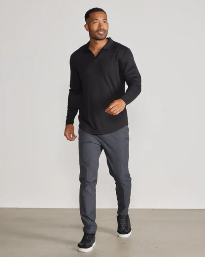 Ribbed Long Sleeve Open V Polo