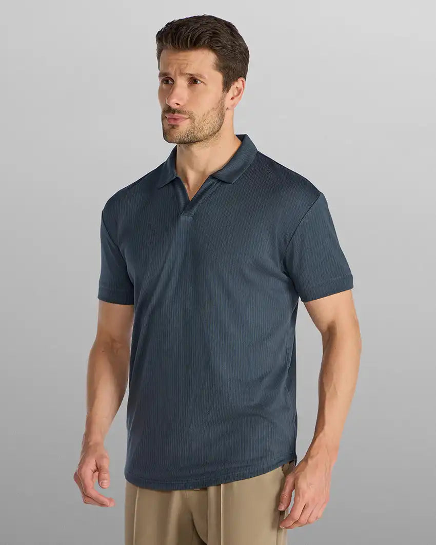 Ribbed Short Sleeve Open V Polo